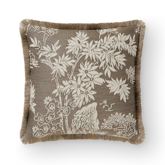Paradise With Metallic Gold Linen Fringe Cushion
