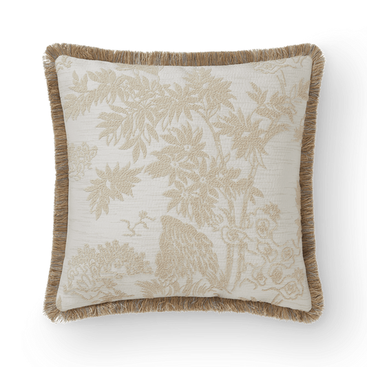Paradise With Metallic Gold Linen Fringe Cushion